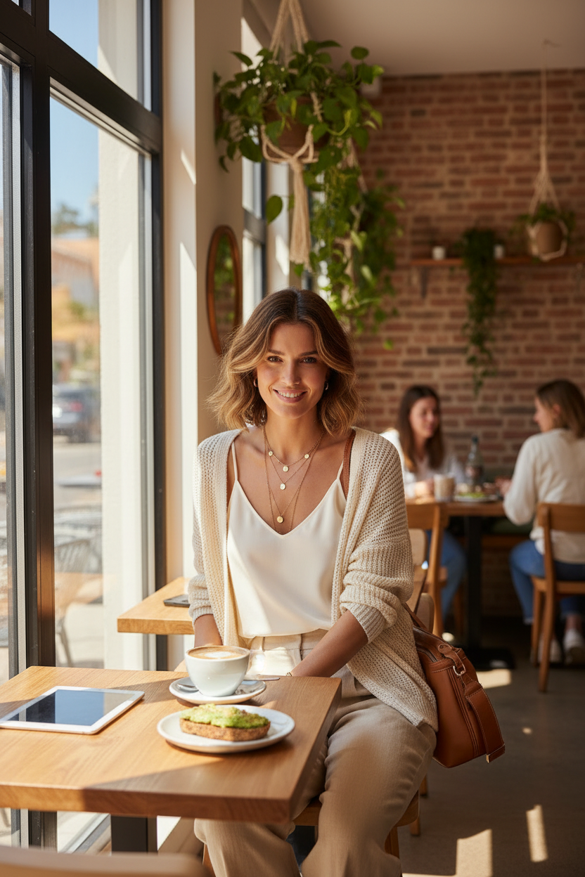 Woman in spaghetti strap camisole layered under cardigan at brunch