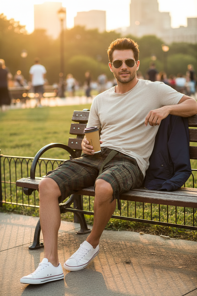 Man wearing casual sweatpants shorts sitting on city park bench