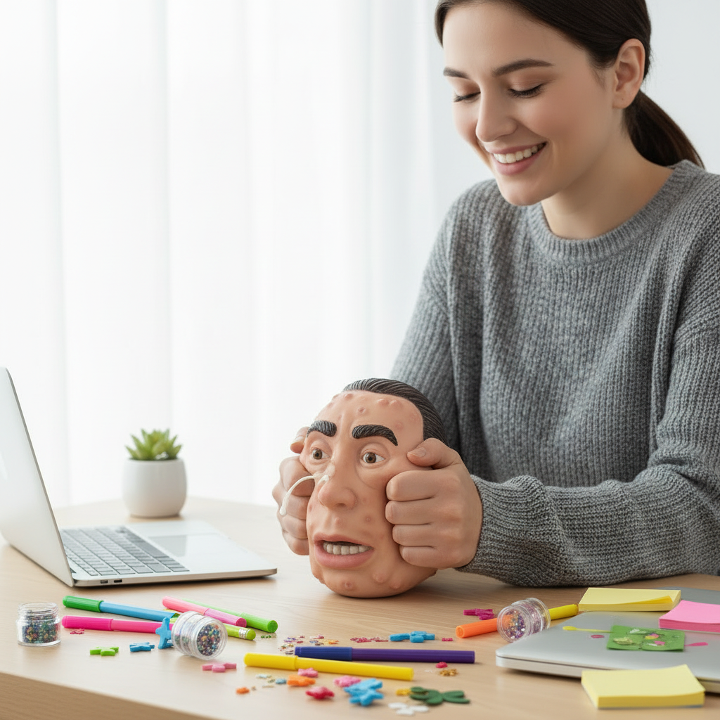 Eco-friendly acne popping stress relief toy being squeezed in hand on colorful desk