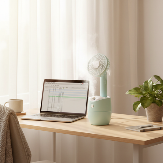 Mini USB humidifier fan on desk next to plant and laptop with mist