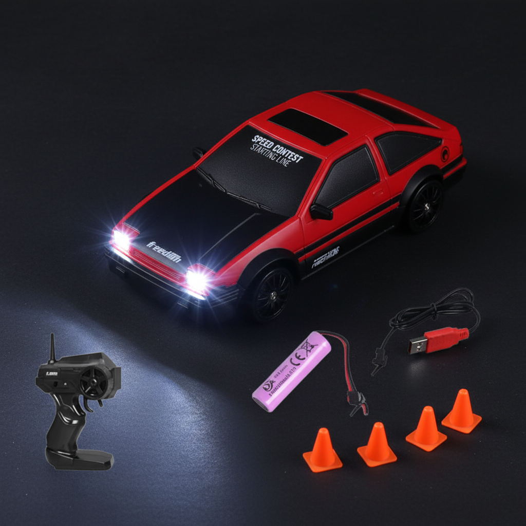 RC drift car flat lay with remote controller battery and traffic cones dark surface