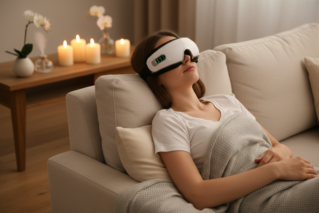 Woman relaxing on couch wearing smart eye massager spa atmosphere