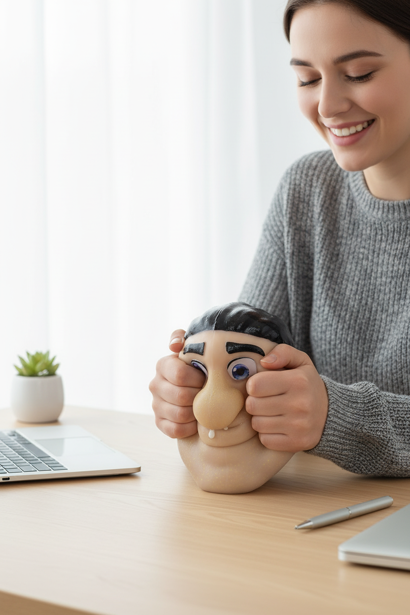 Acne popping stress relief toy being squeezed at desk - lifestyle