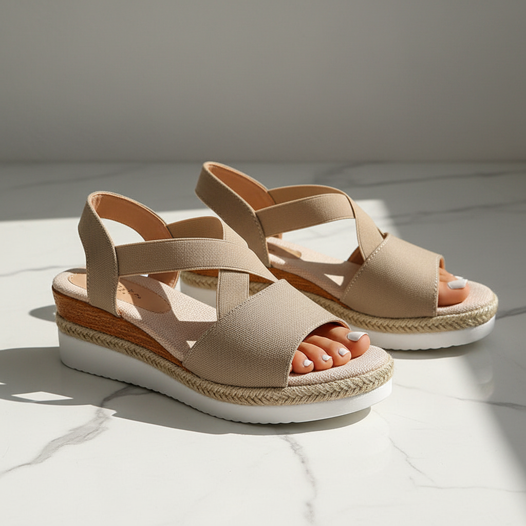 Cross-strap gladiator wedge sandals hero shot on white marble surface