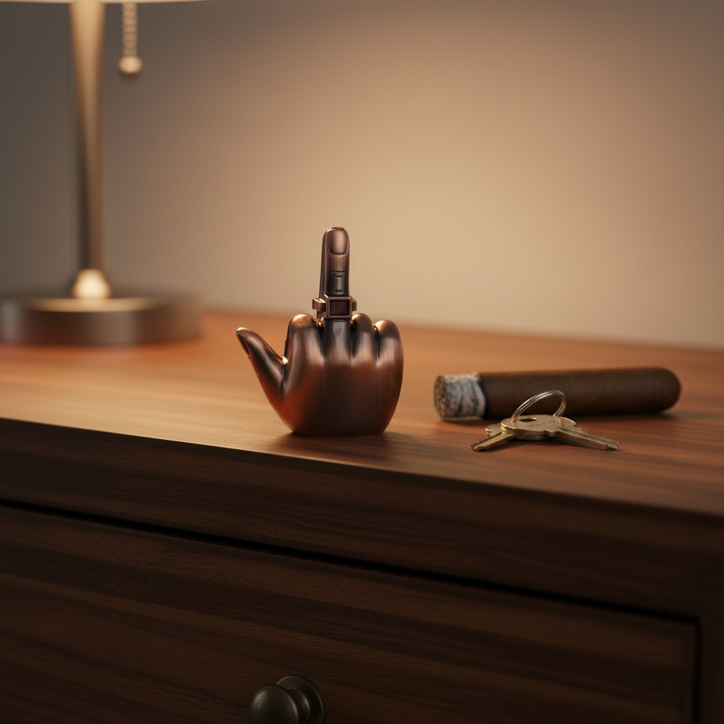 Metal finger lighter resting on wooden dresser next to cigar and keys