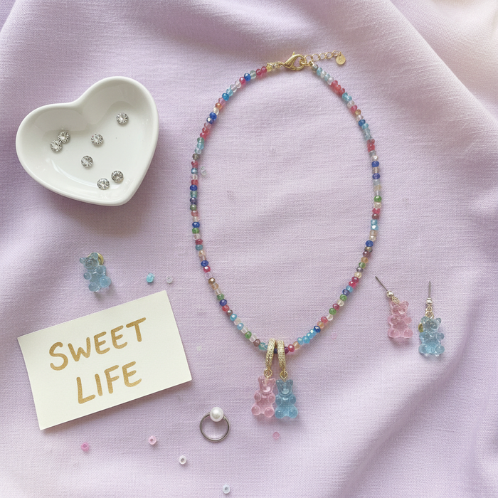 Y2K Rhinestone Gummy Bear Necklace – Candy Beaded Statement Jewelry