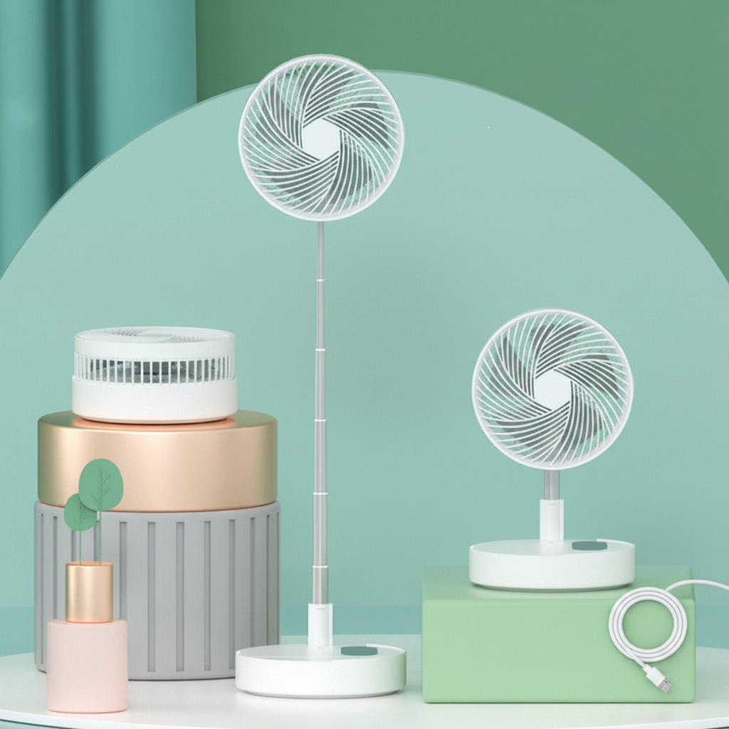 Ultra-portable USB fan on aqua surface with USB cable