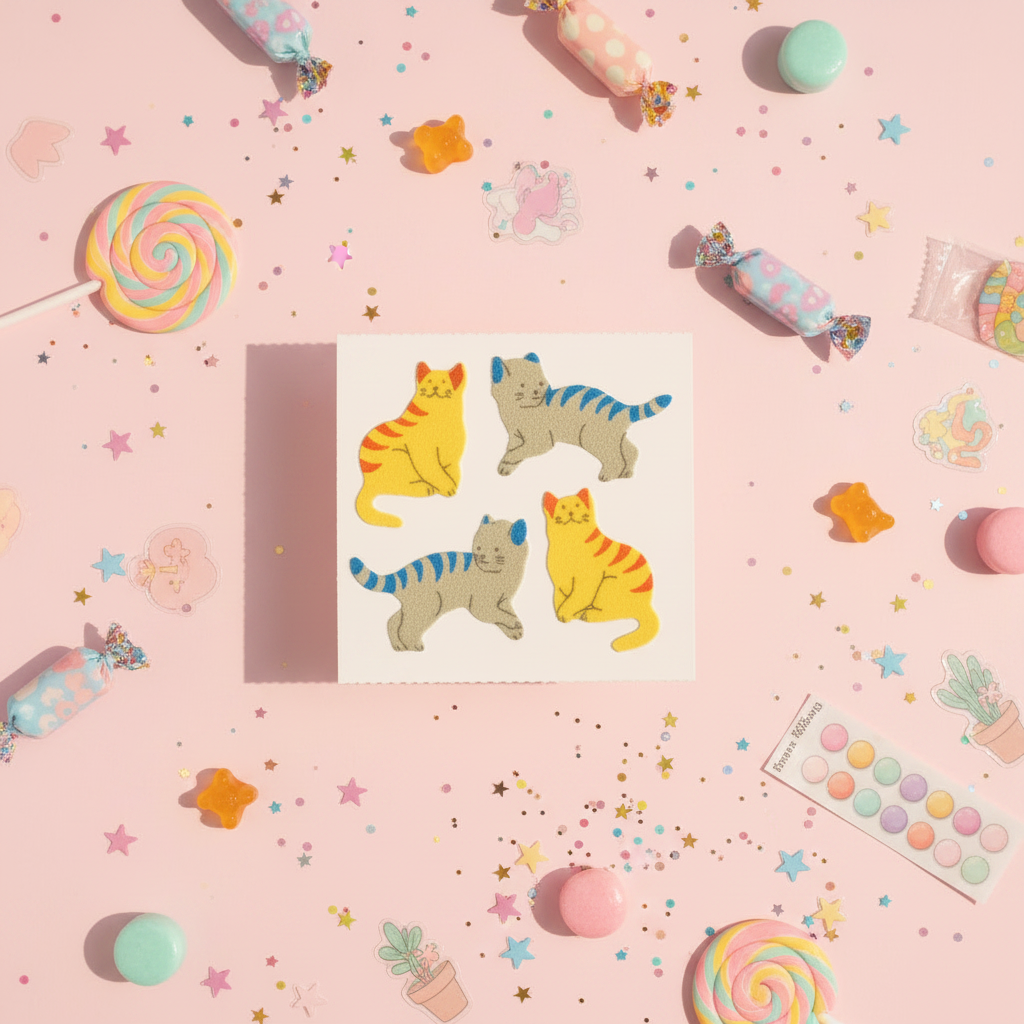Vintage Great Seven Fuzzy Flocked Cat Sticker Sheet No. 1 — pastel lifestyle shot
