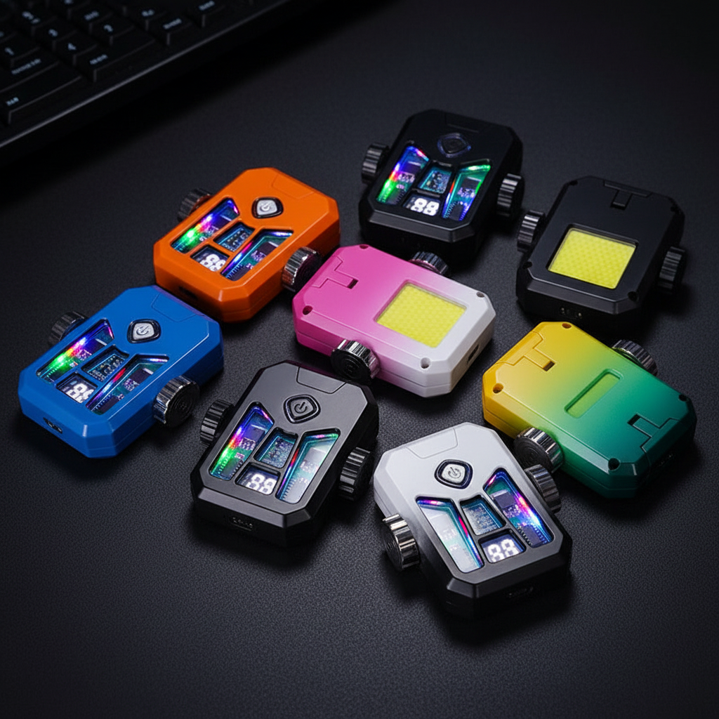 Multiple gradient and solid color gyro lighters flat lay LED lights glowing through transparent bodies