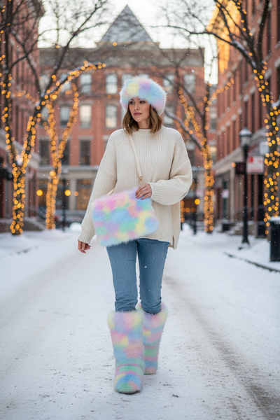 Luxurious Plus Size Fur Snow Boots Set with Hat & Bag - Warm & Stylish Winter Gift for Her