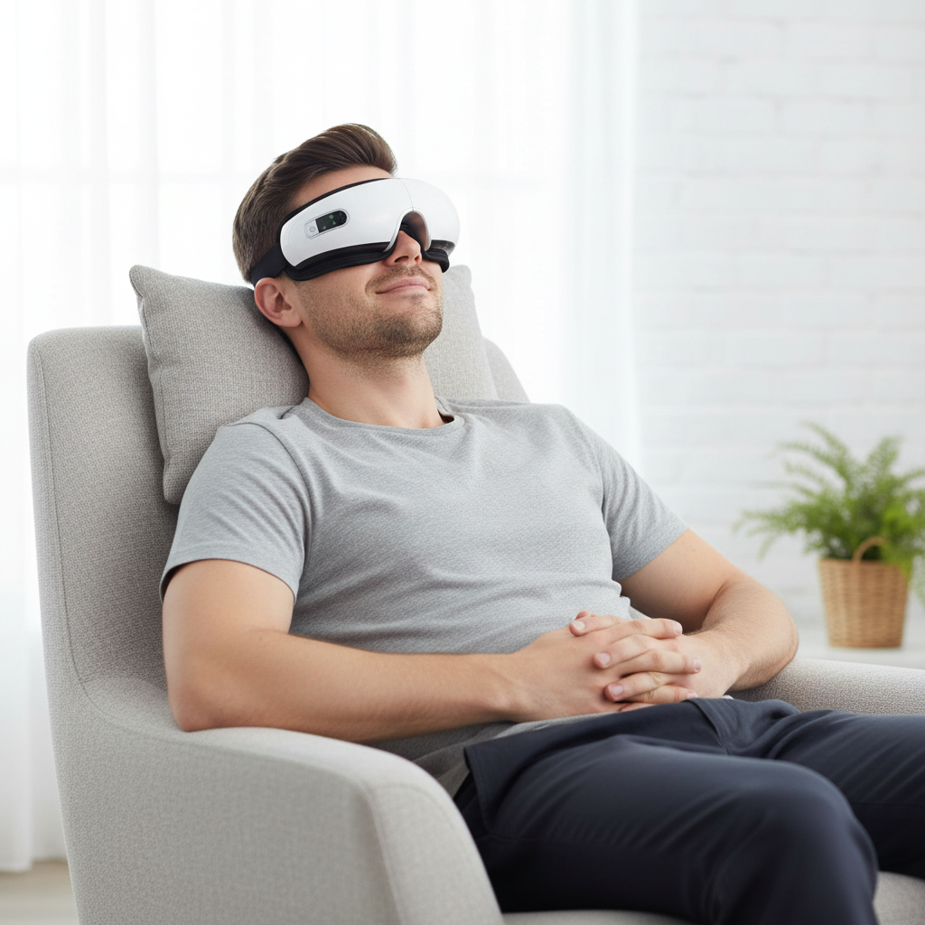 Man relaxing with eye massager