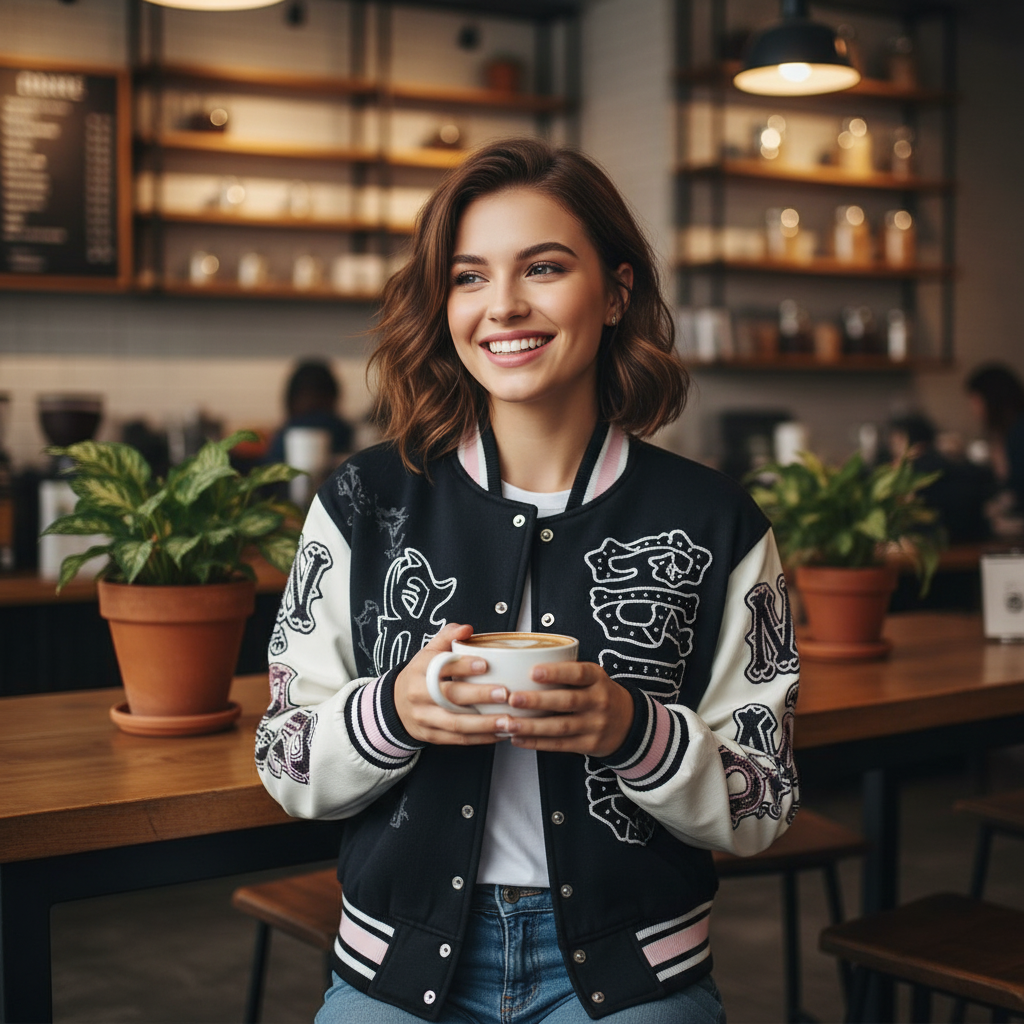 Pink varsity jacket coffee shop