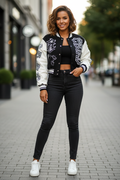Women’s Varsity Jacket with Letter Print – Loose-Fit Korean-Style Baseball Coat S–XXL