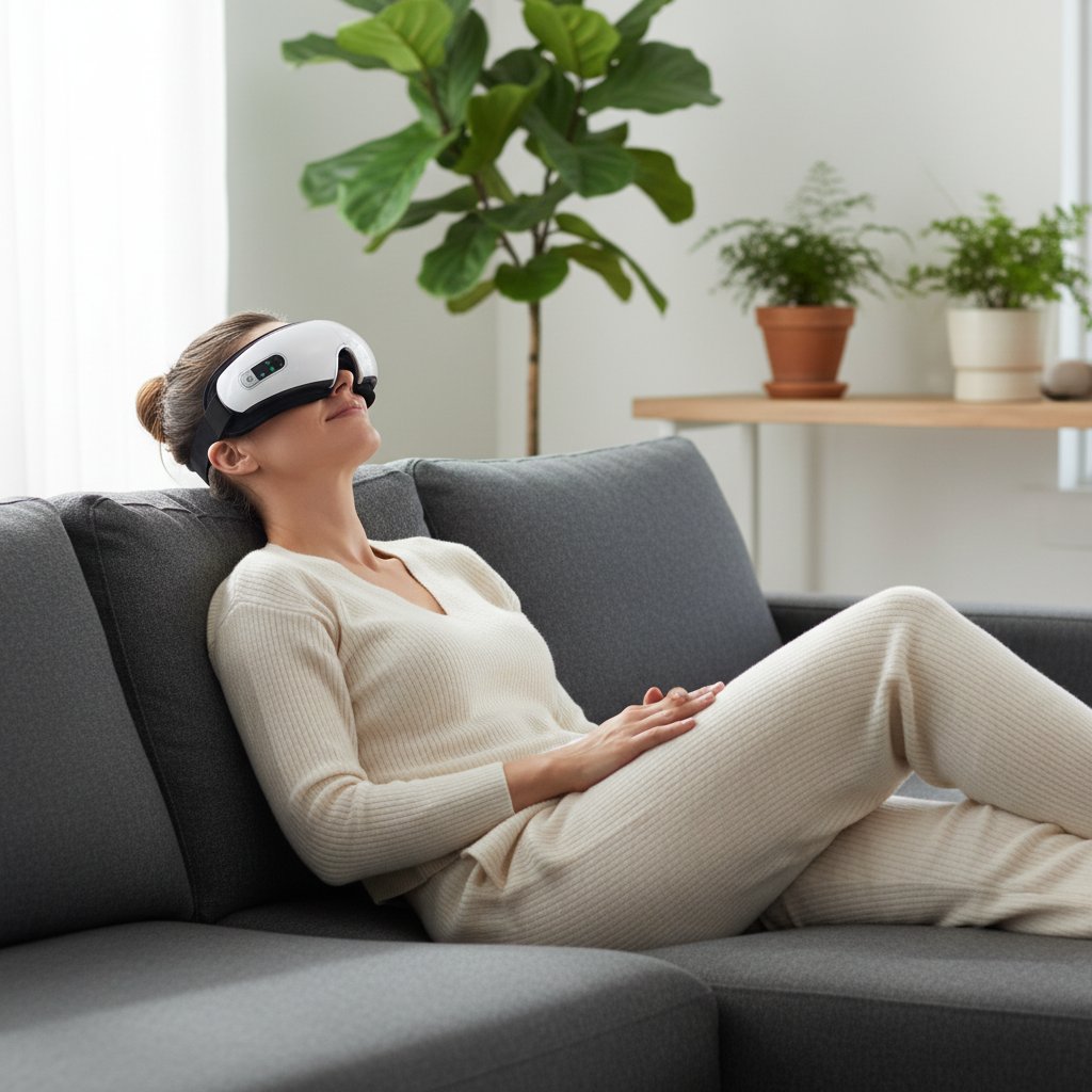Woman relaxing with eye massager on couch